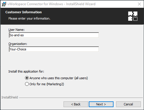 Customer Information Customer Information screen competition snapshot for installing virtual desktop on Windows machine