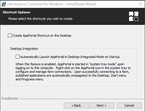 Shortcut Options Choosing Shortcut options when installing Virtual Desktop on Windows PC