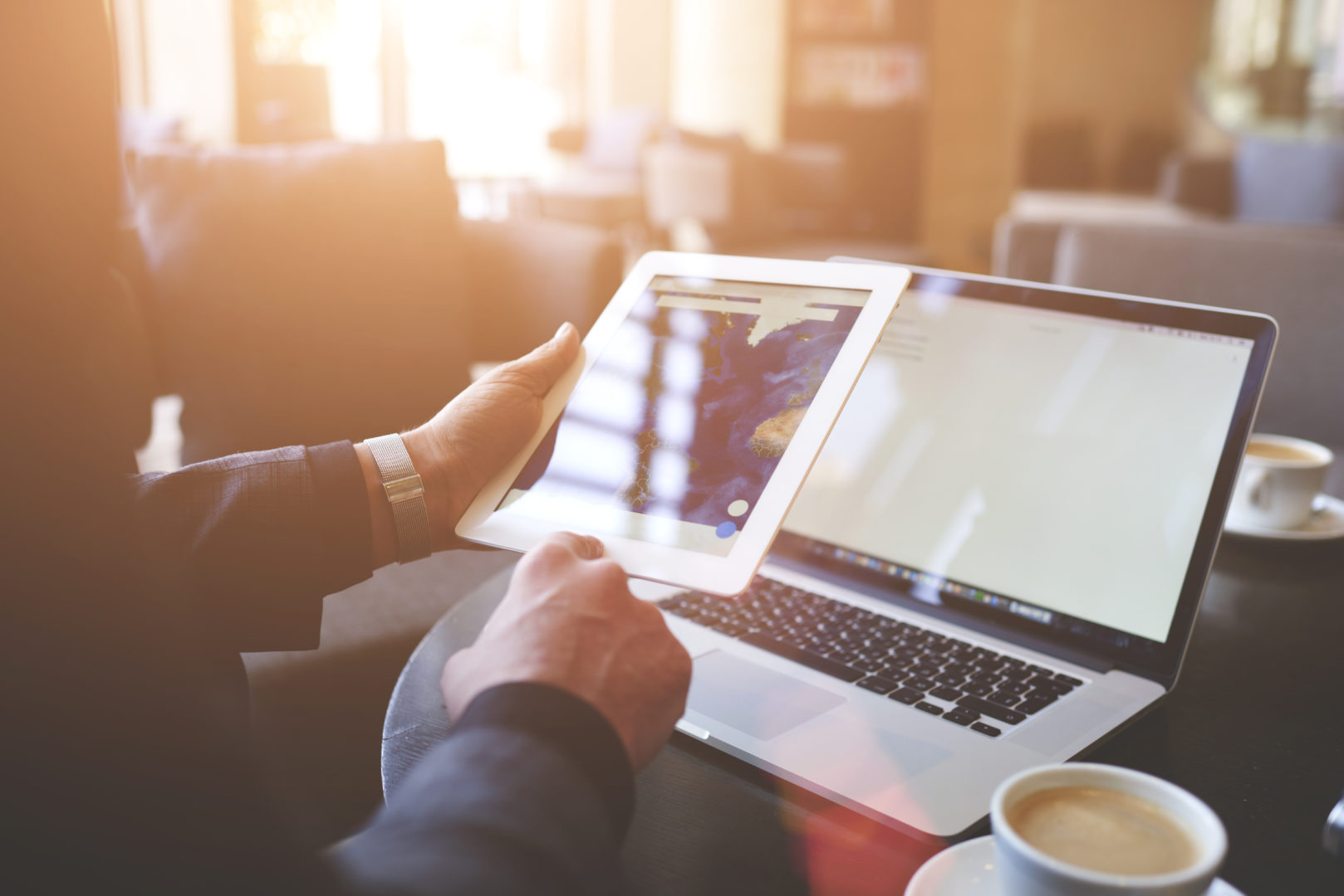Virtual Desktops, Single Cloud guy with laptop on table ipad image